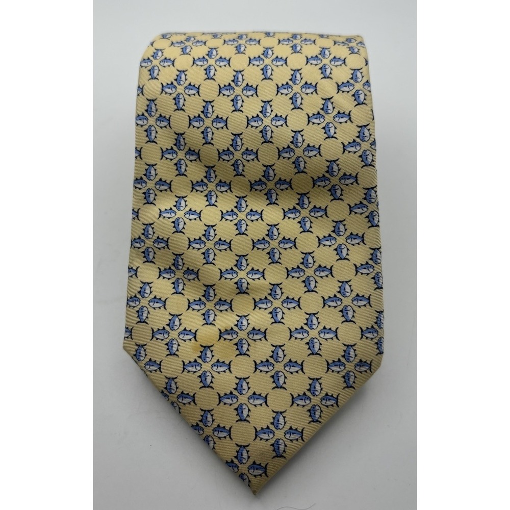 Southern Tide Men's Silk Tie Necktie Yellow Fish Print 3.25"x 58" Made In Italy
